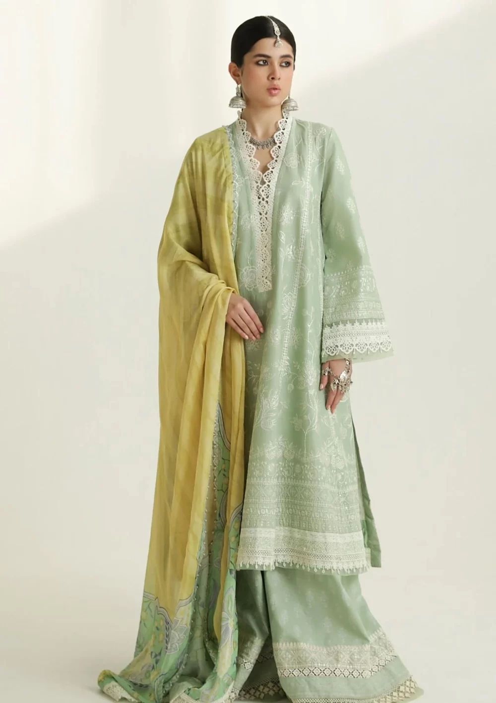 zara shajahan. 3 piece unstiched suit, green, mahi 1b. front view