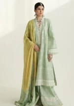 zara shajahan. 3 piece unstiched suit, green, mahi 1b. front view