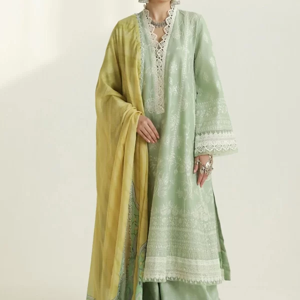 zara shajahan. 3 piece unstiched suit, green, mahi 1b. front view