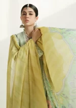 zara shajahan. 3 piece unstiched suit, green, mahi 1b. front view dupatta