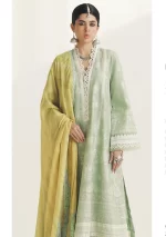 zara shajahan. 3 piece unstiched suit, green, mahi 1b. front