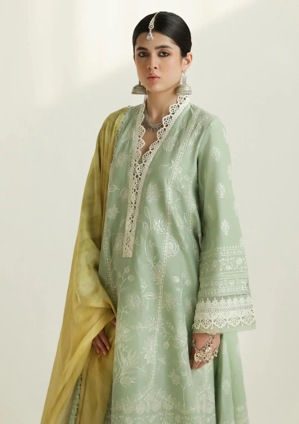 zara shajahan. 3 piece unstiched suit, green, mahi 1b. side view