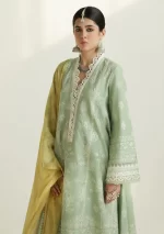 zara shajahan. 3 piece unstiched suit, green, mahi 1b. side view