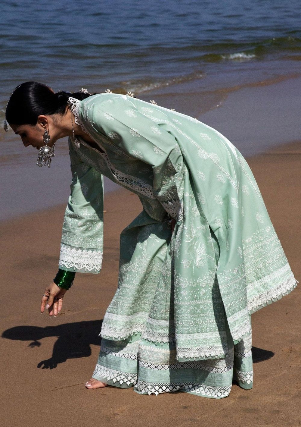zara shajahan. 3 piece unstiched suit, green, mahi 1b. side
