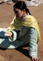 zara shajahan. 3 piece unstiched suit, green, mahi 1b. closeup