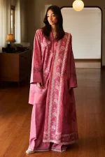 Pakistani Clothing brand Zara shahjahan , satori lawn 25’ , 3 PIECE SUIT , unstitched, lawn , rosewood color , KAIRO-10b, front standing, salwar kameez, dupatta border on front