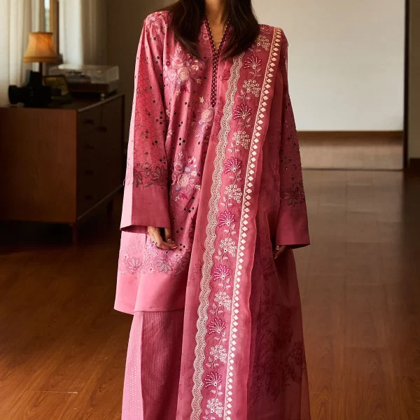 Pakistani Clothing brand Zara shahjahan , satori lawn 25’ , 3 PIECE SUIT , unstitched, lawn , rosewood color , KAIRO-10b, front standing, salwar kameez, dupatta border on front