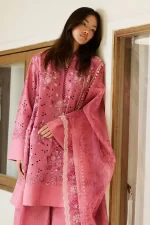 Pakistani clothes, Zara shahjahan , satori lawn 25’ , 3 PIECE SUIT , unstitched, lawn , rosewood color , KAIRO-10b, front, kameez and dupatta with border