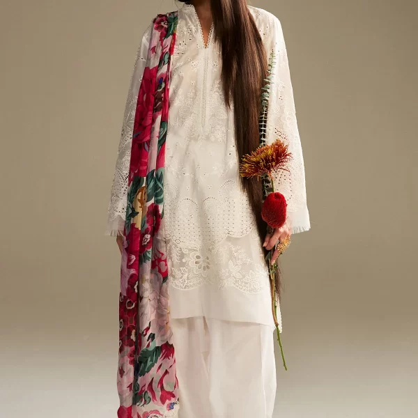 Zara shahjahan , satori lawn 25’ , 3 PIECE SUIT , unstitched, lawn , white color , kaori-1a, front