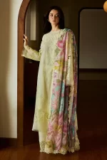 Zara shahjahan , satori lawn 25’ , 3 PIECE SUIT , unstitched, lawn , CHAMPAGNE & PASTEL, yellow color , kaori-1b, front