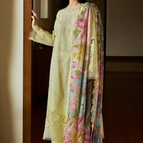 Zara shahjahan , satori lawn 25’ , 3 PIECE SUIT , unstitched, lawn , CHAMPAGNE & PASTEL, yellow color , kaori-1b, front