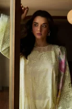 Zara shahjahan , satori lawn 25’ , 3 PIECE SUIT , unstitched, lawn , CHAMPAGNE & PASTEL, yellow color , kaori-1b, front
