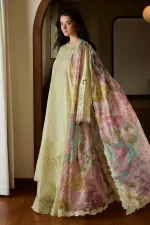 Zara shahjahan , satori lawn 25’ , 3 PIECE SUIT , unstitched, lawn , CHAMPAGNE & PASTEL, yellow color , kaori-1b, dupatta