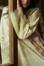 Zara shahjahan , satori lawn 25’ , 3 PIECE SUIT , unstitched, lawn , CHAMPAGNE & PASTEL, yellow color , kaori-1b, sleeves