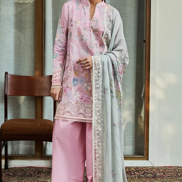 Zara shahjahan , satori lawn 25’ , 3 PIECE SUIT , unstitched, lawn , BLUSH & SOFT GREY color , nozami-2a, front