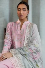 Zara shahjahan , satori lawn 25’ , 3 PIECE SUIT , unstitched, lawn , BLUSH & SOFT GREY color , nozami-2a, front shirt and dupatta
