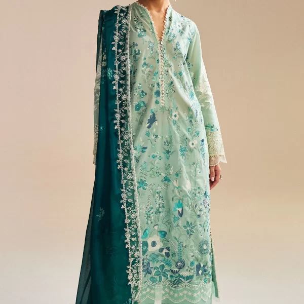 Zara shahjahan , satori lawn 25’ , 3 PIECE SUIT , unstitched, lawn , AQUA & DEEP TEAL color , nozami-2b, front