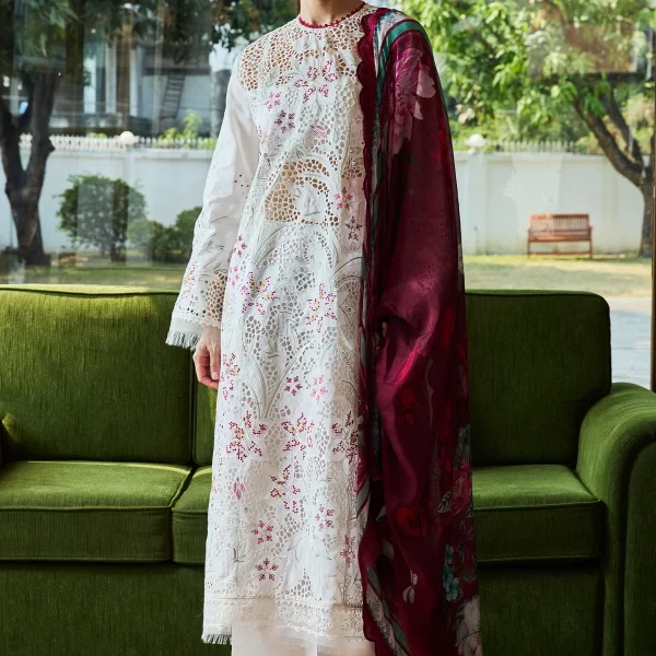 Zara shahjahan , satori lawn 25’ , 3 PIECE SUIT , unstitched, lawn , WHITE & DEEP RED color , umi-3a, front