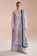 Zara shahjahan , satori lawn 25’ , 3 PIECE SUIT , unstitched, lawn , SOFT LAVENDER & NAVY, purple color , umi-3b, front