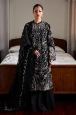 Zara shahjahan , satori lawn 25’ , 3 PIECE SUIT , unstitched, lawn , BLACK & GOLD color , schizumi-4A, front