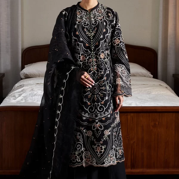 Zara shahjahan , satori lawn 25’ , 3 PIECE SUIT , unstitched, lawn , BLACK & GOLD color , schizumi-4A, front