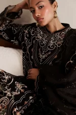 Zara shahjahan , satori lawn 25’ , 3 PIECE SUIT , unstitched, lawn , BLACK & GOLD color , schizumi-4A, front SHIRT