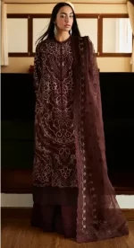 Pakistani Clothing Brand Zara shahjahan , satori lawn 25’ , 3 PIECE SUIT , unstitched, lawn , DEEP COCOA color , schizumi-4b, front look