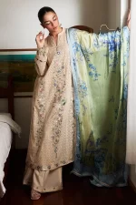 Pakistani outfit by Zara shahjahan , satori lawn 25’ , 3 PIECE SUIT , unstitched, lawn , CHAMPAGNE & SOFT OLIVE color , ASA-5A, front shirt and dupatta