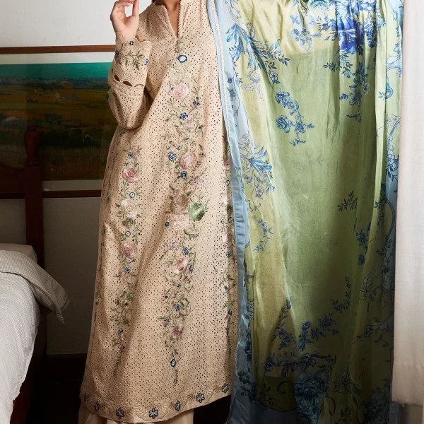 Pakistani outfit by Zara shahjahan , satori lawn 25’ , 3 PIECE SUIT , unstitched, lawn , CHAMPAGNE & SOFT OLIVE color , ASA-5A, front shirt and dupatta