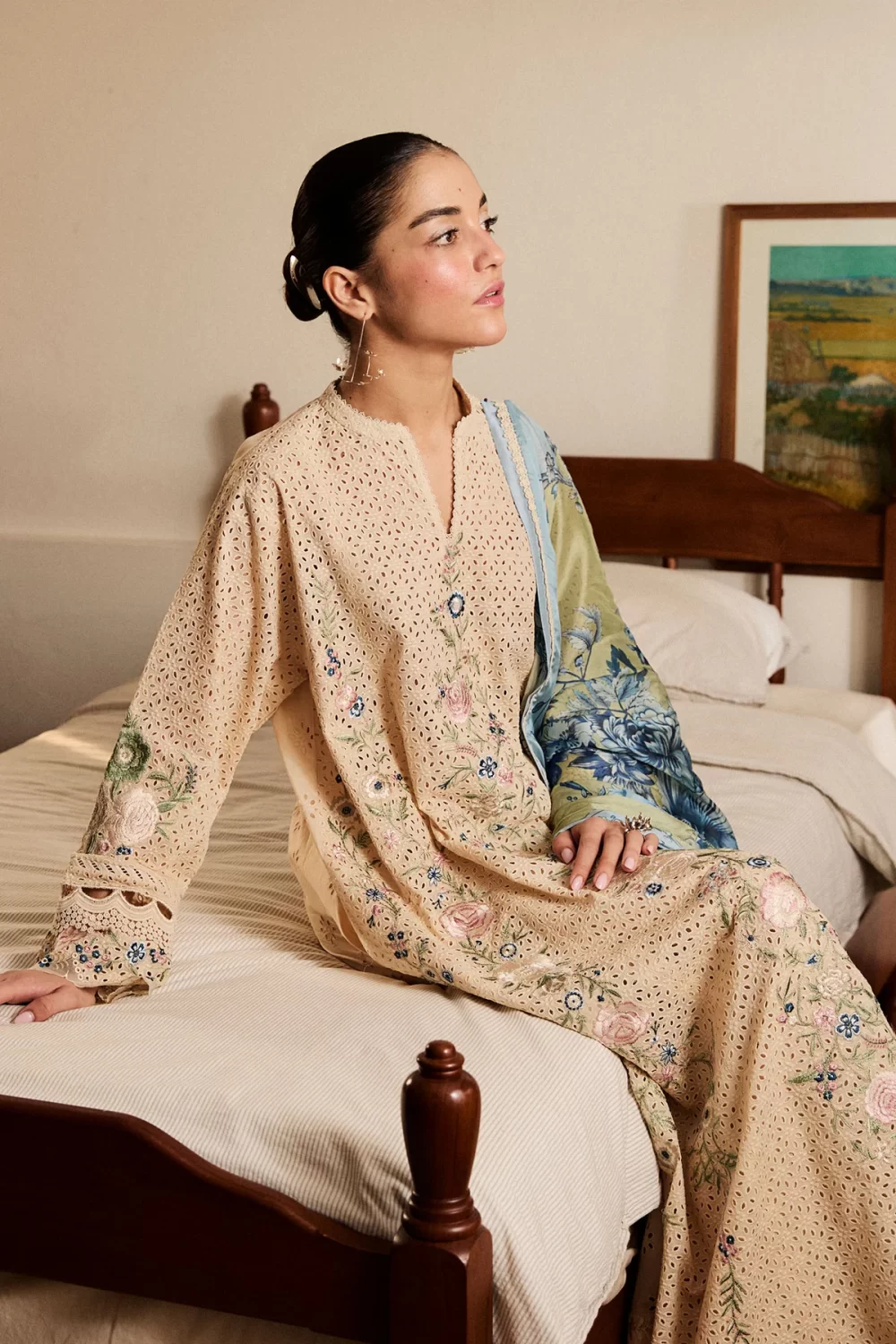 Zara shahjahan , satori lawn 25’ , 3 PIECE SUIT , unstitched, lawn , CHAMPAGNE & SOFT OLIVE color , ASA-5A, front