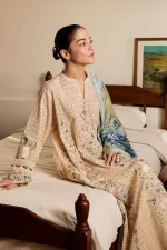 Zara shahjahan , satori lawn 25’ , 3 PIECE SUIT , unstitched, lawn , CHAMPAGNE & SOFT OLIVE color , ASA-5A, front
