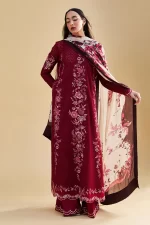 Pakistani Clothing Brand Zara shahjahan , satori lawn 25’ , 3 PIECE SUIT , unstitched, lawn , CRIMSON & IVORY color , ASA-5B, front
