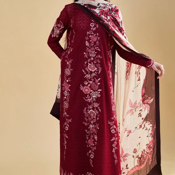 Pakistani Clothing Brand Zara shahjahan , satori lawn 25’ , 3 PIECE SUIT , unstitched, lawn , CRIMSON & IVORY color , ASA-5B, front