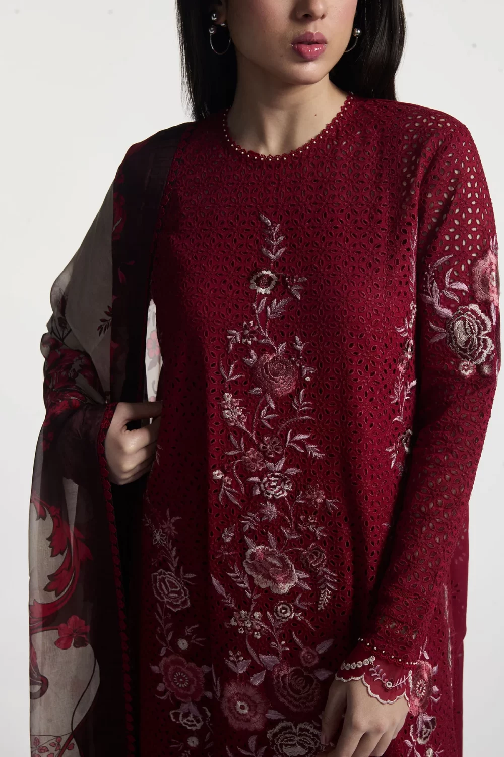 Zara shahjahan , satori lawn 25’ , 3 PIECE SUIT , unstitched, lawn , CRIMSON & IVORY color , ASA-5B, front shirt