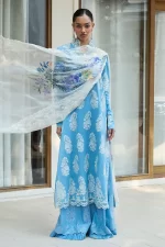 Zara shahjahan , satori lawn 25’ , 3 PIECE SUIT , unstitched, lawn , CELESTIAL BLUE color , RAI-6b, front salwar kameez dupatta