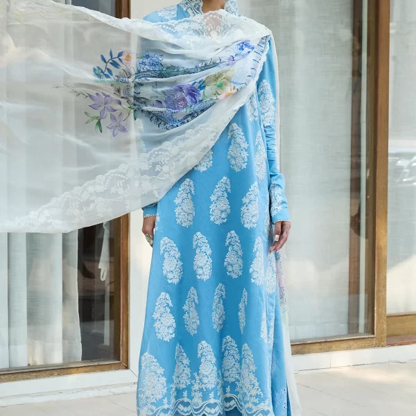 Zara shahjahan , satori lawn 25’ , 3 PIECE SUIT , unstitched, lawn , CELESTIAL BLUE color , RAI-6b, front salwar kameez dupatta