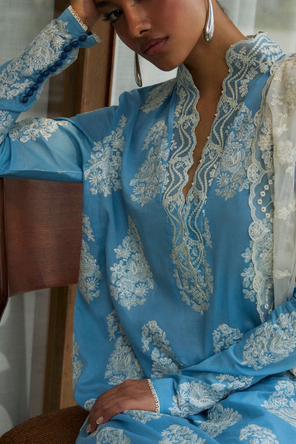 Zara shahjahan , satori lawn 25’ , 3 PIECE SUIT , unstitched, lawn , CELESTIAL BLUE color , RAI-6b, front kameez