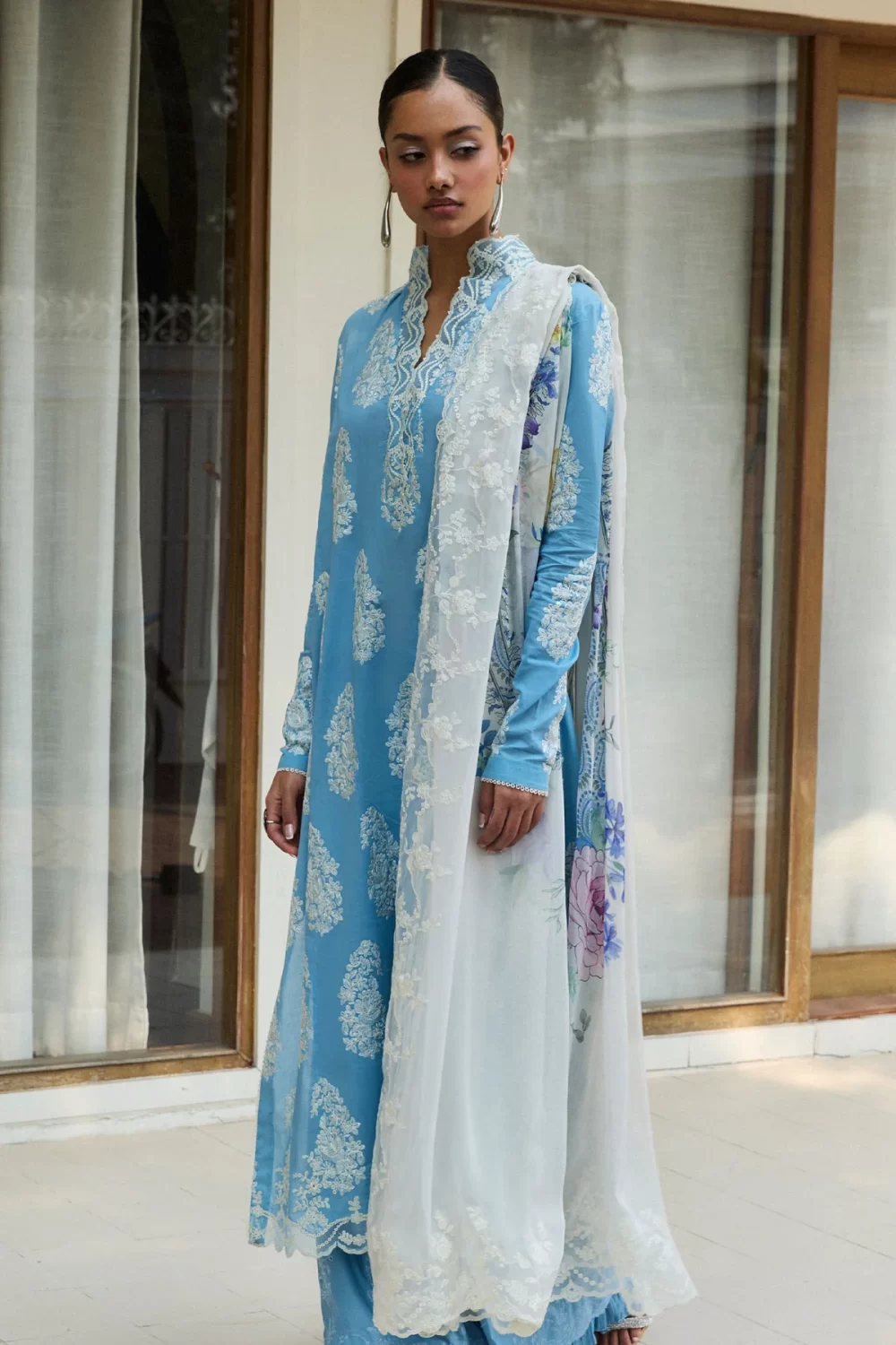 Zara shahjahan , satori lawn 25’ , 3 PIECE SUIT , unstitched, lawn , CELESTIAL BLUE color , RAI-6b, front kameez & dupatta