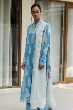 Zara shahjahan , satori lawn 25’ , 3 PIECE SUIT , unstitched, lawn , CELESTIAL BLUE color , RAI-6b, front kameez & dupatta
