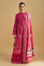 Zara shahjahan , satori lawn 25’ , 3 PIECE SUIT , unstitched, lawn , DUSTY PINK color , HIKARI-7A, front