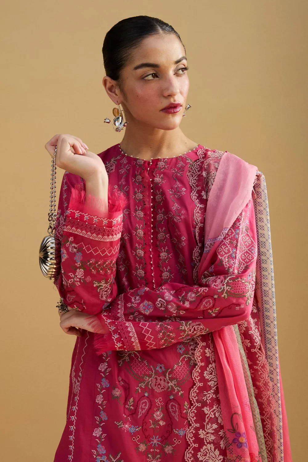 Zara shahjahan , satori lawn 25’ , 3 PIECE SUIT , unstitched, lawn , DUSTY PINK color , HIKARI-7A, front KAMEEZ