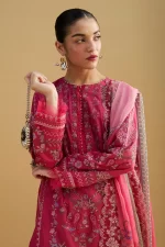 Zara shahjahan , satori lawn 25’ , 3 PIECE SUIT , unstitched, lawn , DUSTY PINK color , HIKARI-7A, front KAMEEZ