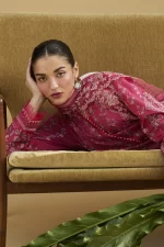 Zara shahjahan , satori lawn 25’ , 3 PIECE SUIT , unstitched, lawn , DUSTY PINK color , HIKARI-7A, front NECK