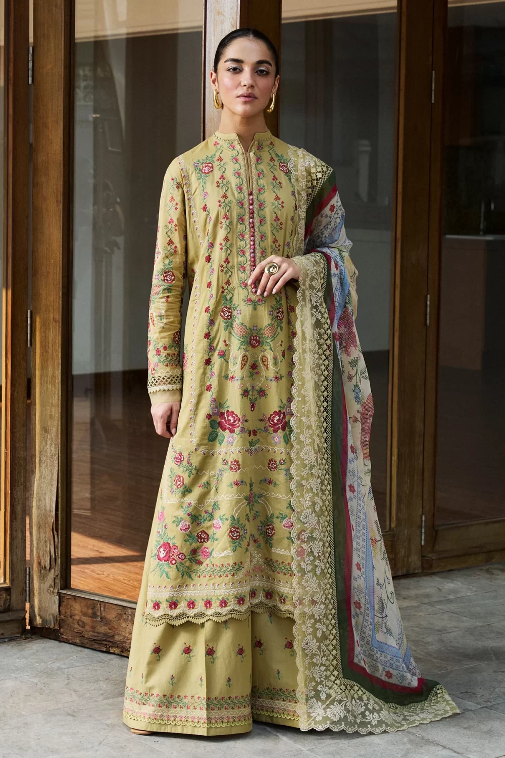 Zara shahjahan , satori lawn 25’ , 3 PIECE SUIT , unstitched, lawn , GOLDEN IVORY color , HIKARI-7B, front