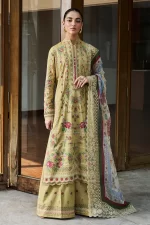 Zara shahjahan , satori lawn 25’ , 3 PIECE SUIT , unstitched, lawn , GOLDEN IVORY color , HIKARI-7B, front