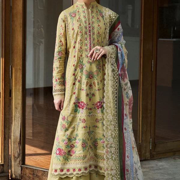 Zara shahjahan , satori lawn 25’ , 3 PIECE SUIT , unstitched, lawn , GOLDEN IVORY color , HIKARI-7B, front
