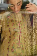 Zara shahjahan , satori lawn 25’ , 3 PIECE SUIT , unstitched, lawn , GOLDEN IVORY color , HIKARI-7B, front, kameez