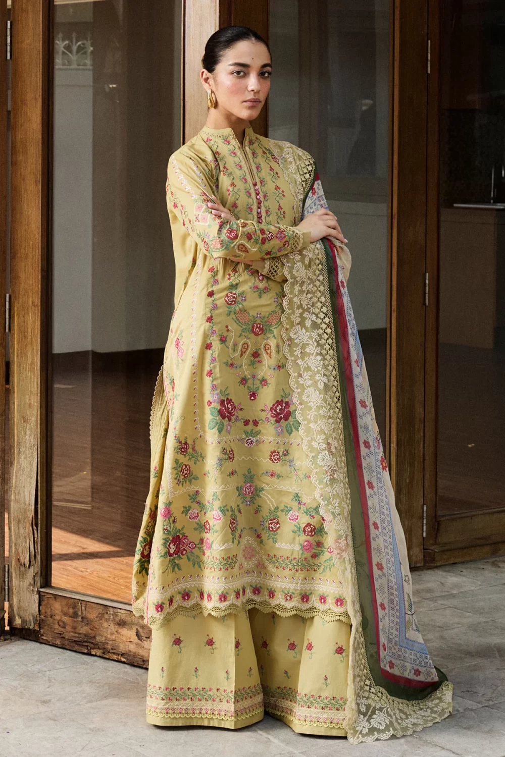 Zara shahjahan , satori lawn 25’ , 3 PIECE SUIT , unstitched, lawn , GOLDEN IVORY color , HIKARI-7B, front, salwar kameez