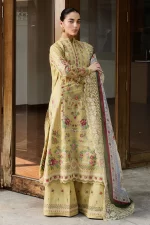 Zara shahjahan , satori lawn 25’ , 3 PIECE SUIT , unstitched, lawn , GOLDEN IVORY color , HIKARI-7B, front, salwar kameez