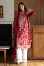 Zara shahjahan , satori lawn 25’ , 3 PIECE SUIT , unstitched, lawn , CRIMSON RED color , mei-8a, front,salwar kameez